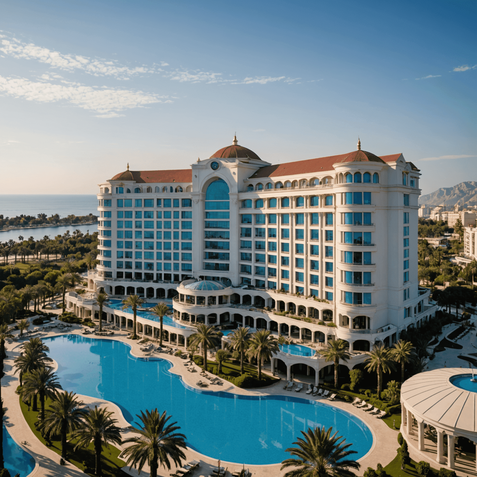 Antalya Royal Resort & Casino'nun muhteşem dış cephesi, palmiye ağaçları ve havuzlarla çevrili lüks bir kompleks