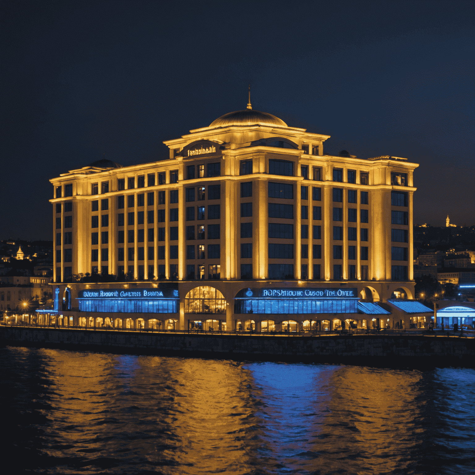 İstanbul Boğazı manzaralı İstanbul Bosphorus Casino Hotel'in gece görünümü, ışıl ışıl aydınlatılmış bir bina